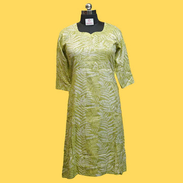 .Olive Green Leaf-Print Rayon Kurti