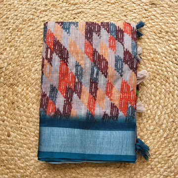 Handwoven Linen Saree with Vibrant Geometric Pattern