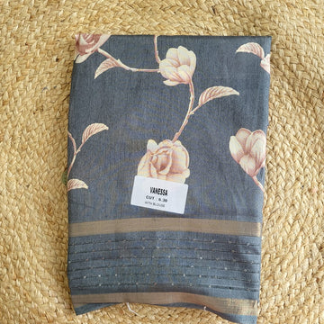 Midnight Bloom – Navy Blue Silk Saree with Soft Floral Prints & Golden Accents"