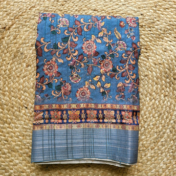 Graceful Blue Floral Printed Semi-Tussar Saree