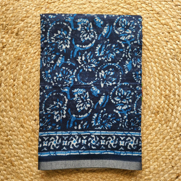 Navy Blue Floral Print Chanderi Cotton Saree