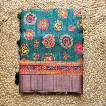 Vibrant Green Semi Tussar Saree with Floral Embroidery