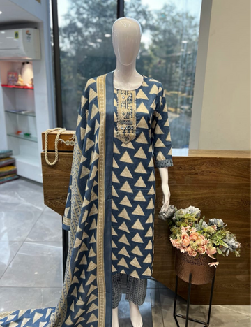 Premium Gray & White Stitched Kurta Set