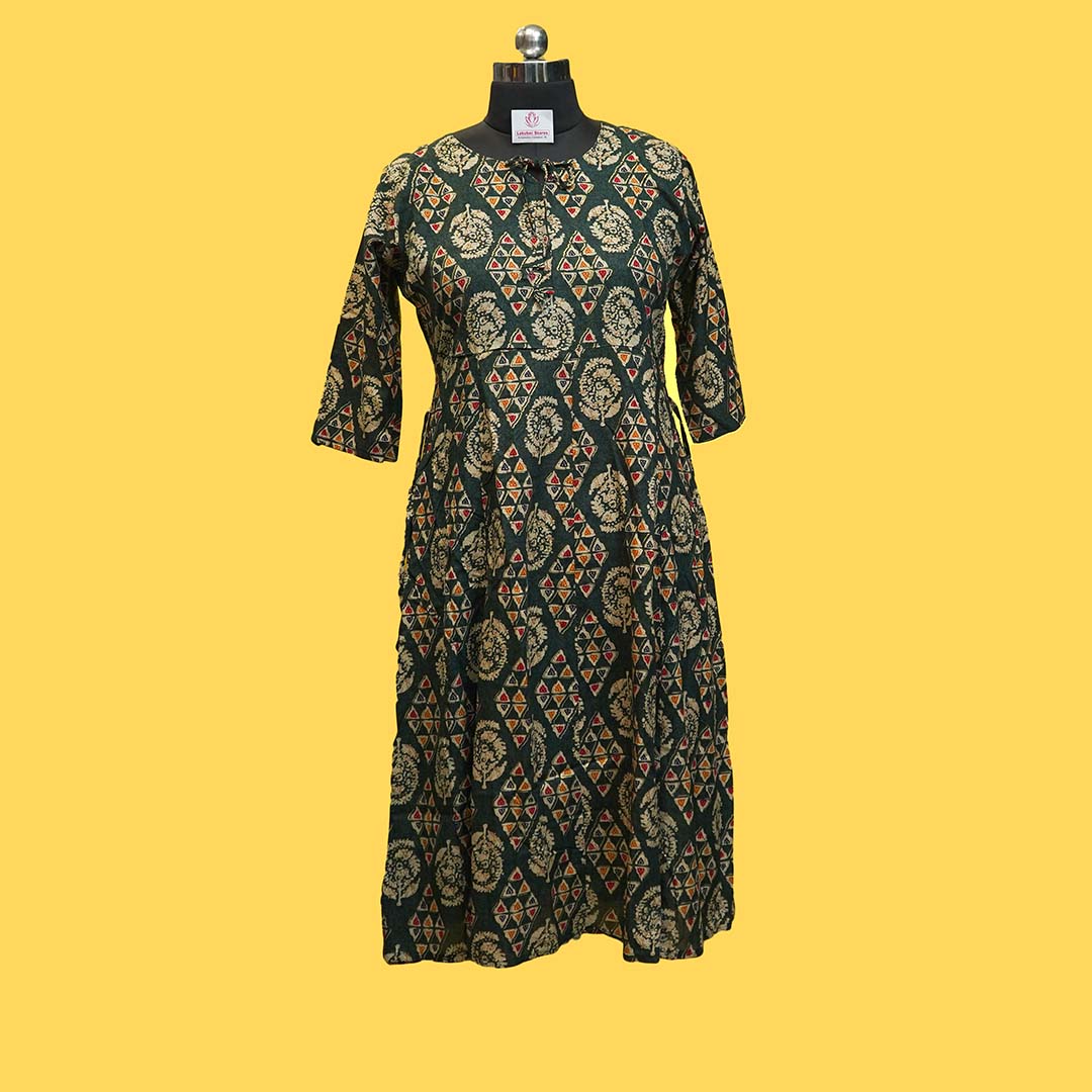 Bottle Green Umbrella Kurti with Traditional Block Prints