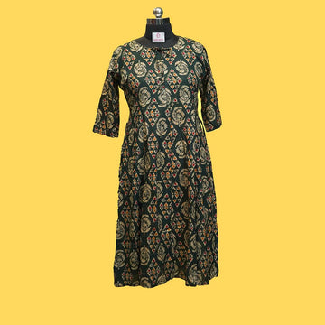 Bottle Green Umbrella Kurti with Traditional Block Prints