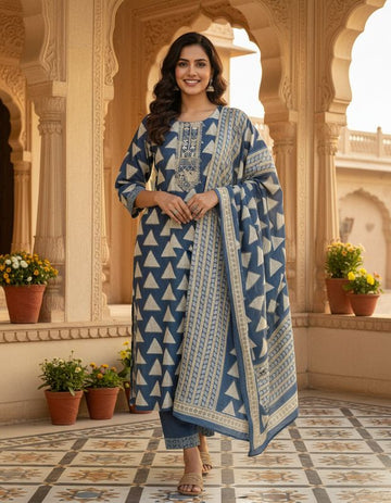 Premium Gray & White Stitched Kurta Set