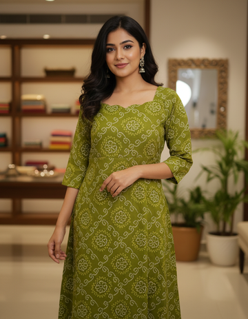 Meadow Glow Scallop Neck Cotton Kurthi