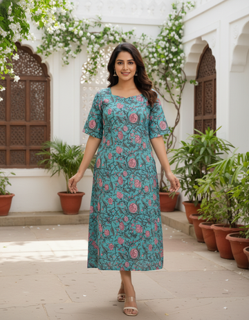 Midnight Bloom Scallop Neck Cotton Kurthi