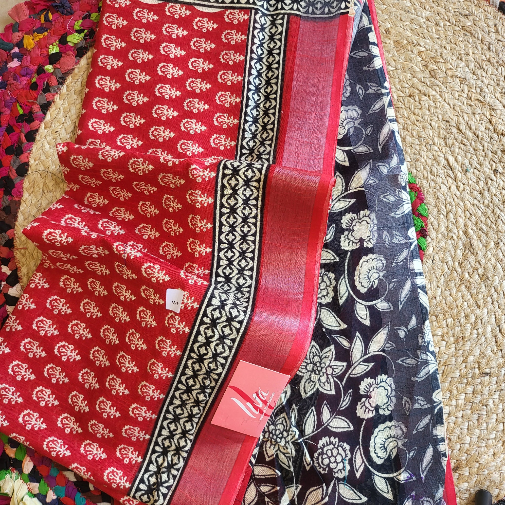 Elegant Red & Black Linen Cotton Saree