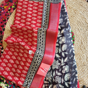 Elegant Red & Black Linen Cotton Saree