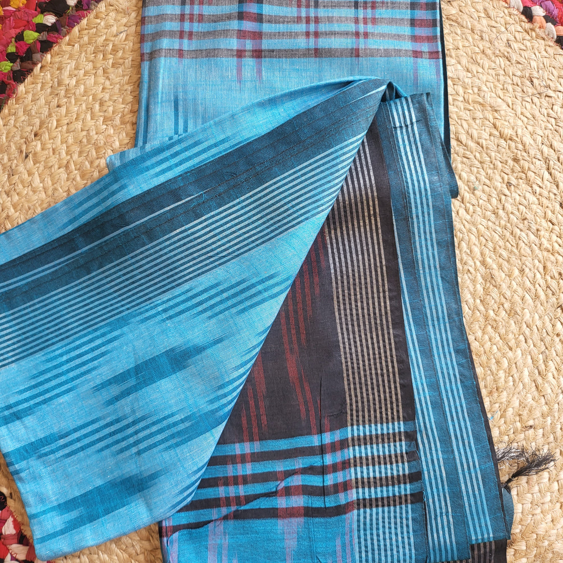 Elegant Blue Ikat Cotton Saree with Black Blouse & Pallu