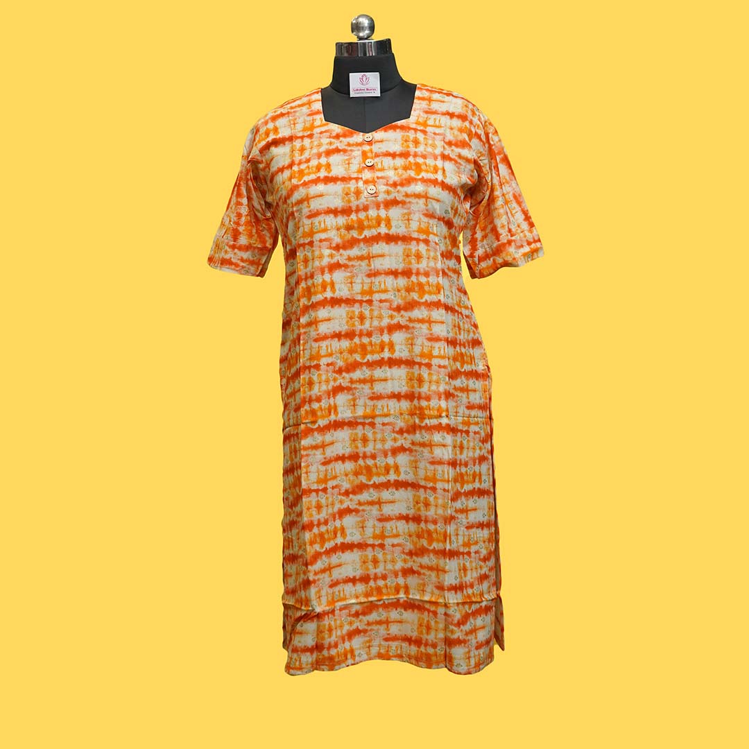 Orange & White Printed Rayon Kurthi