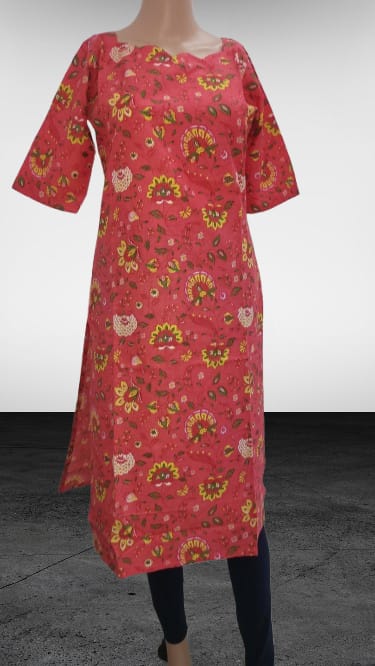 Rose Pink Printed Straight Kurti with Playful Motifs and Elbow Sleeves