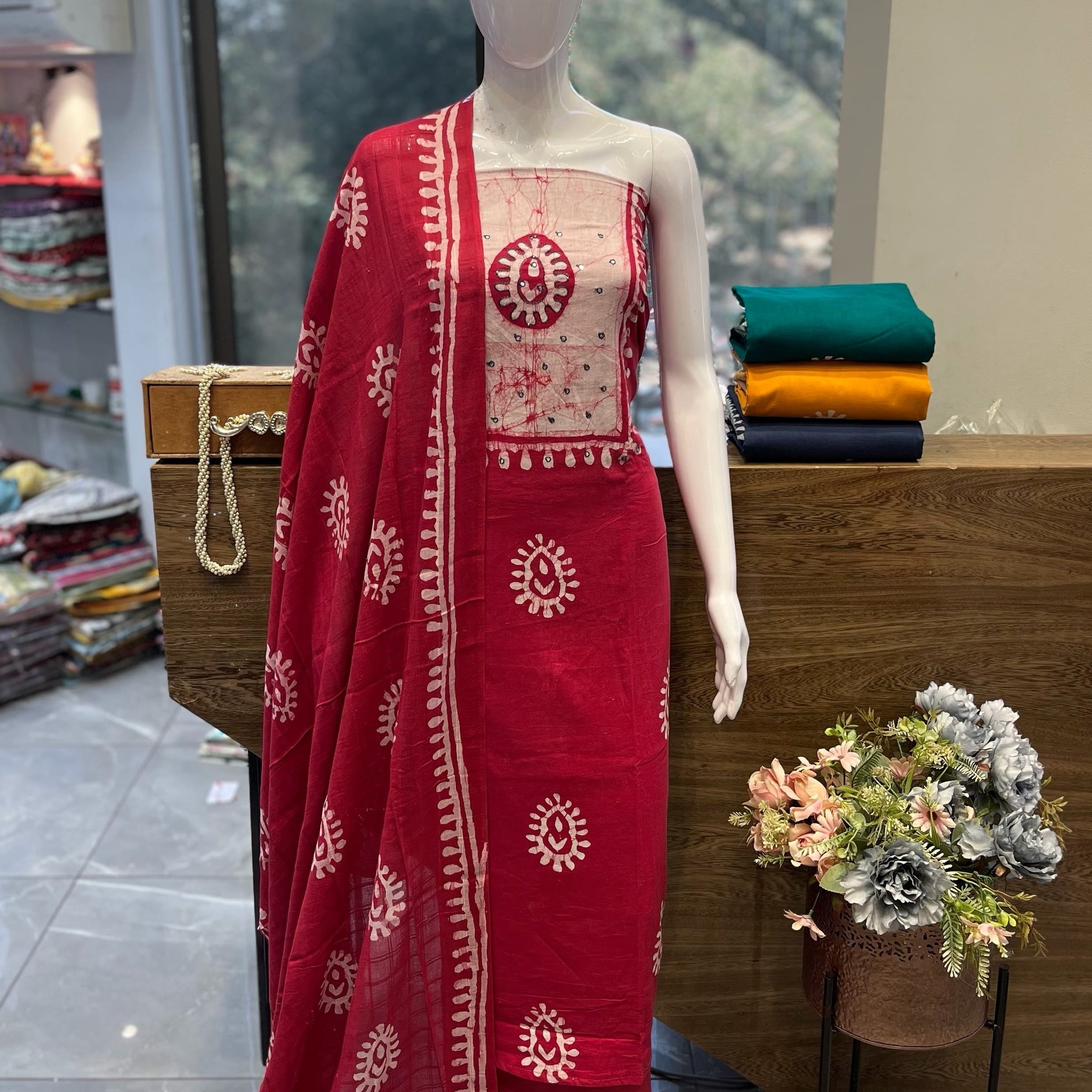Premium Red & White Unstitched Cotton Material