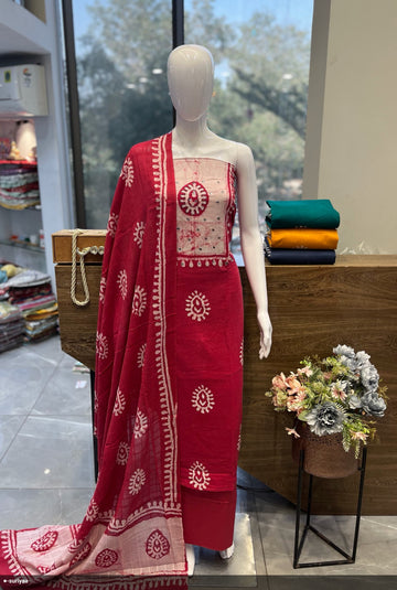 Premium Red & White Unstitched Cotton Material