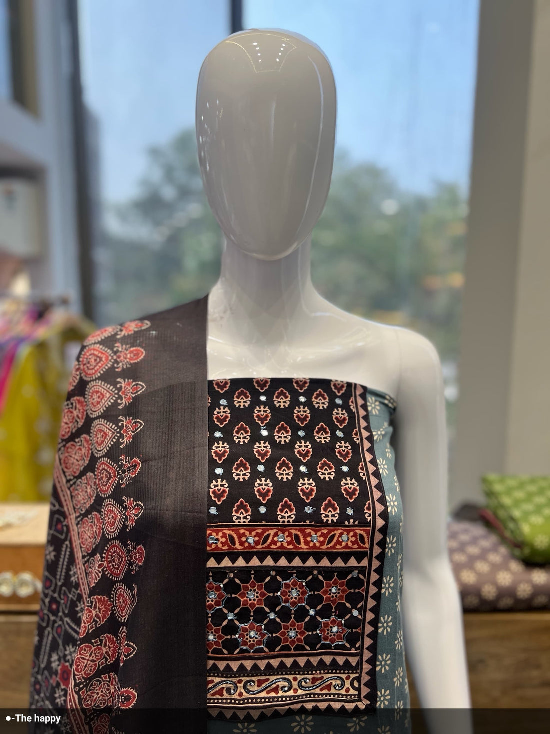 Red and Blue Patterned Unstitched Suit"
