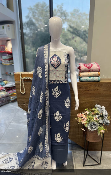 Elegant Navy Bloom – Unstitched Cotton Suit Set