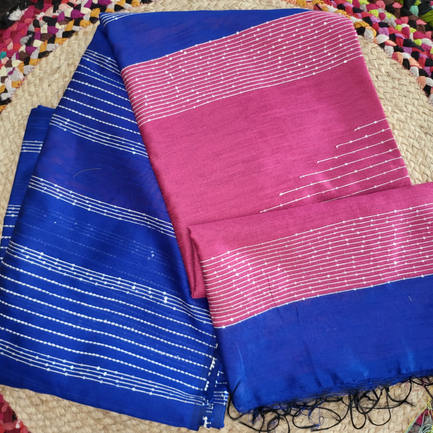 Aqua Blue & Green Raw Silk Sequence Saree