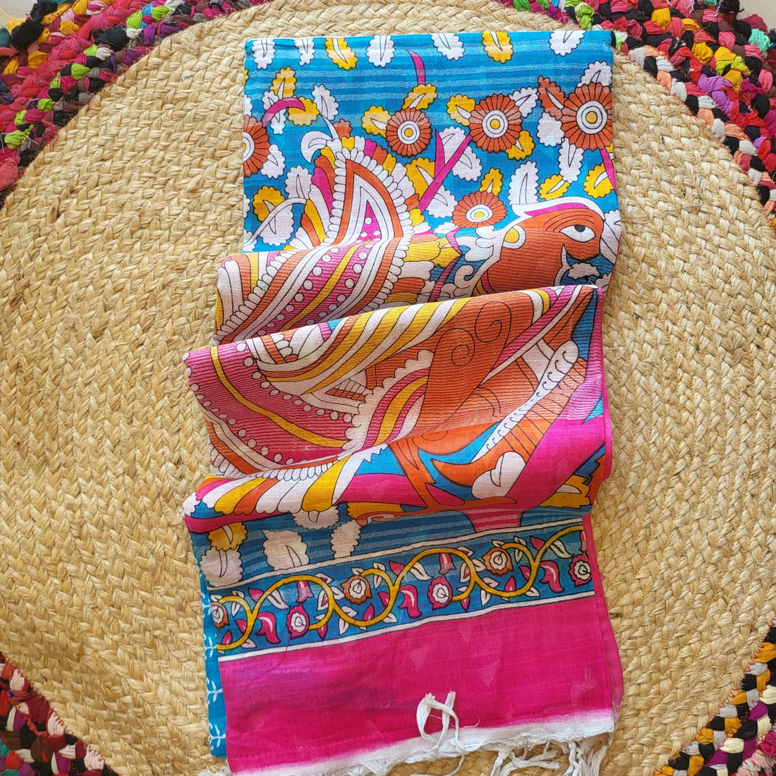 Elegant Blue & Pink Linen Cotton Saree