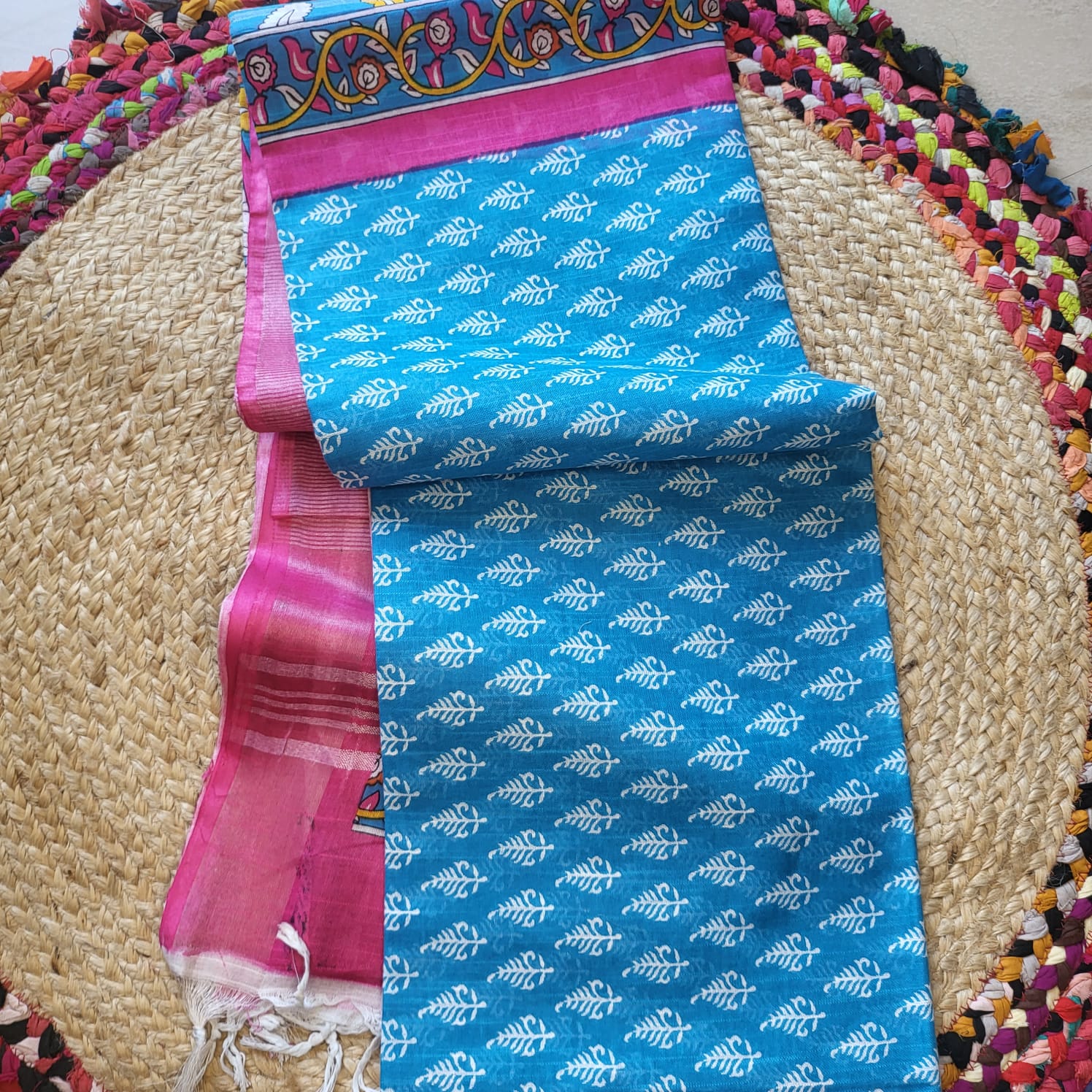 Elegant Blue & Pink Linen Cotton Saree
