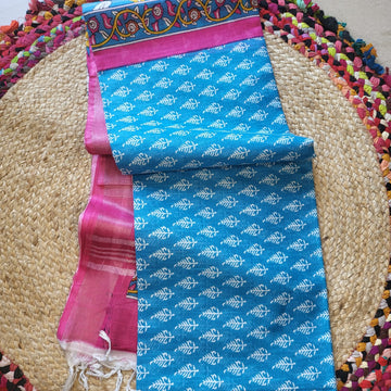 Elegant Blue & Pink Linen Cotton Saree