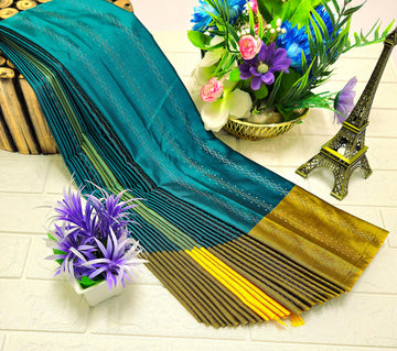 Beautiful Teal Blue with Mustard Arani Silk Saree