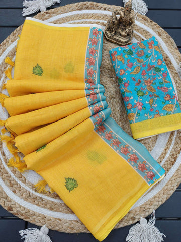Bright Yellow Linen Saree with Elegant Kalamkari-Style Contrast Pallu