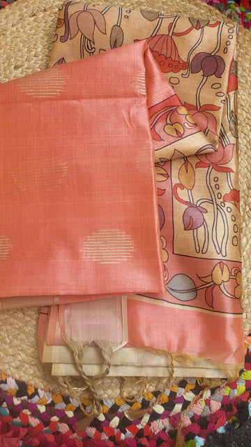 Pastel Orange Raw Silk Saree with Kalamkari Motifs & Gold Zari Buttas