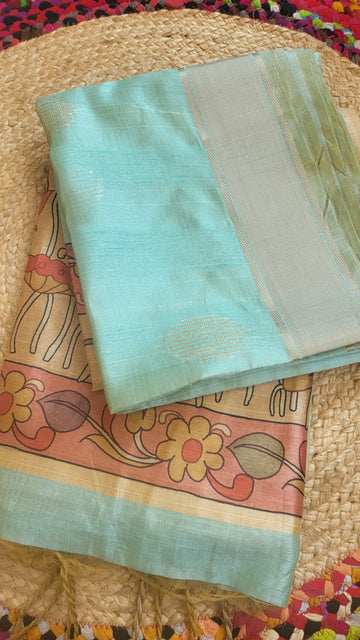 Pastel Green Raw Silk Saree with Kalamkari Motifs & Gold Zari Buttas
