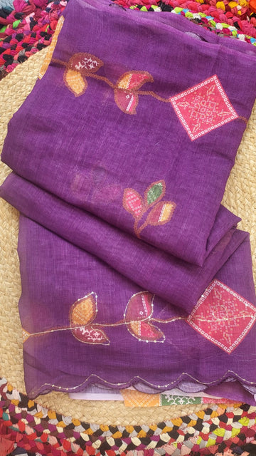 Purple Linen Party Wear Saree with Designer Embroidered Border