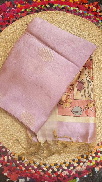 Elegant Pastel onion Pink Raw Silk Saree with Kalamkari Moti