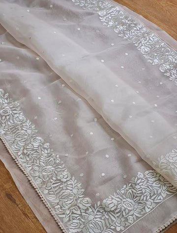 Elegant Ivory Bana Rasi Kora Soft Organza Saree 🤍✨