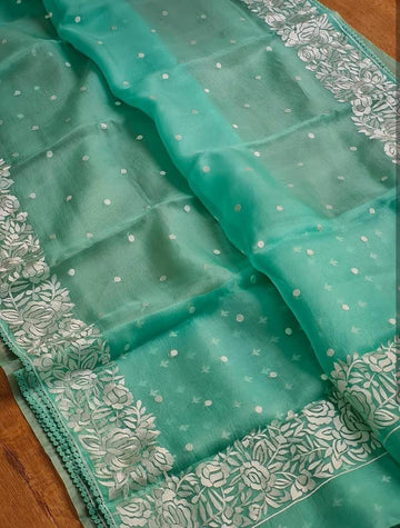 Refreshing Sea Green Bana Rasi Kora Soft Organza Saree