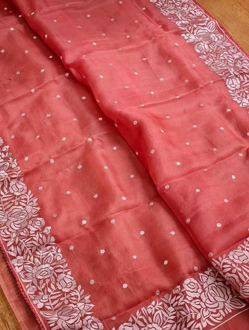 Radiant Coral Bana Rasi Kora Soft Organza Saree 🧡✨