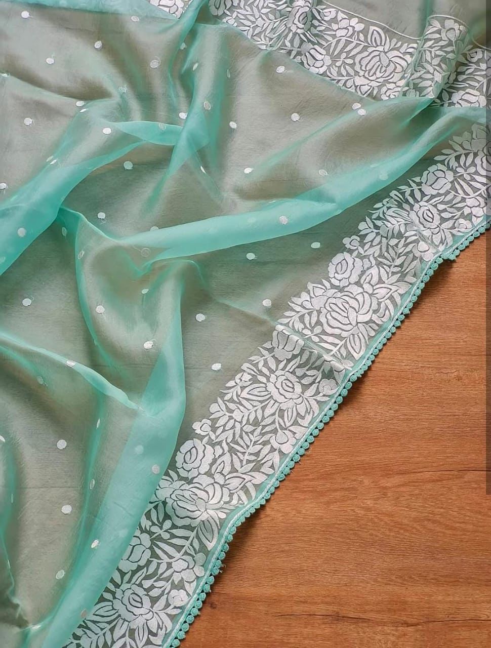 Refreshing Sea Green Bana Rasi Kora Soft Organza Saree