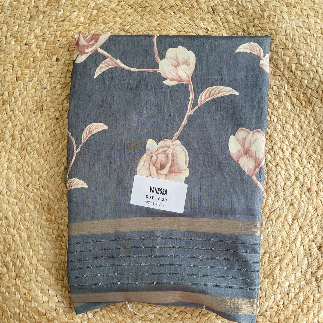 Midnight Bloom – Navy Blue Silk Saree with Soft Floral Prints & Golden Accents"