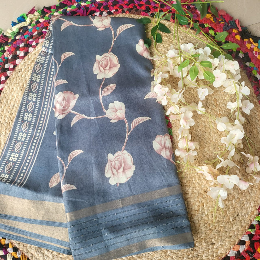 Midnight Bloom – Navy Blue Silk Saree with Soft Floral Prints & Golden Accents"