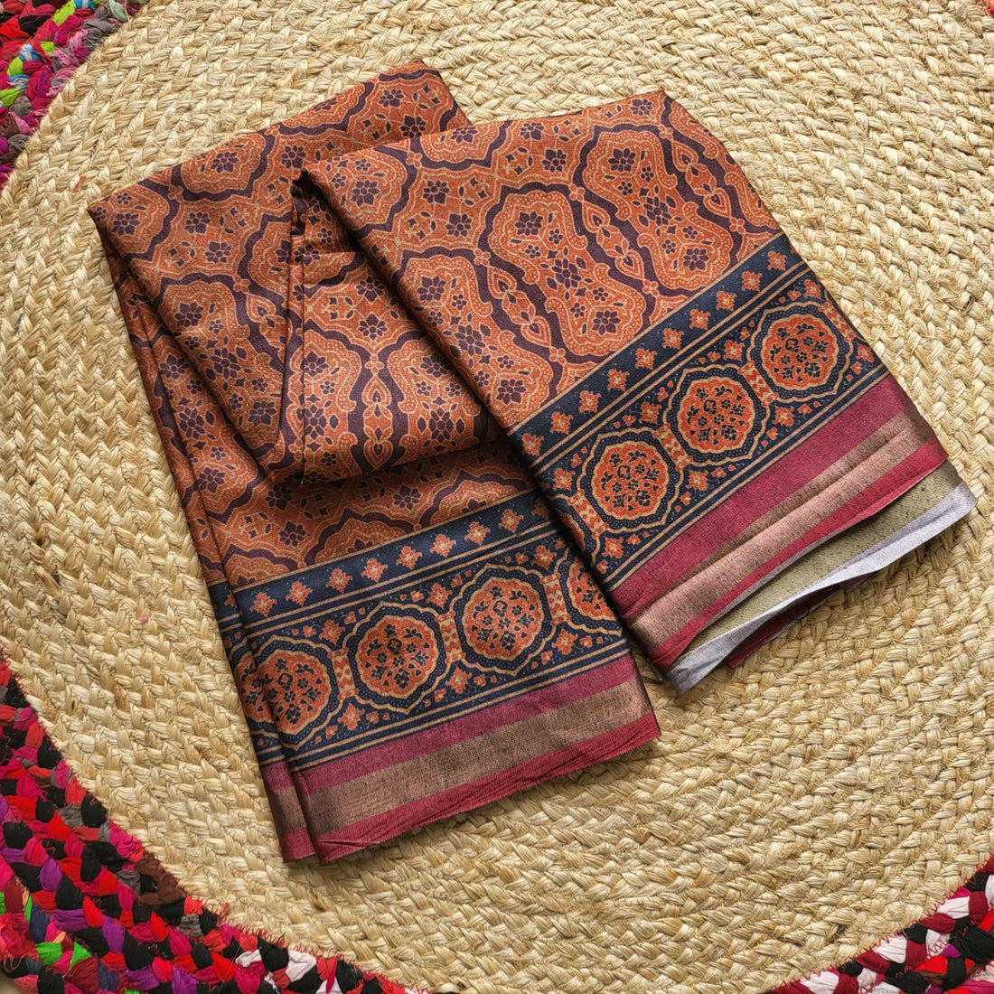 Elegant Brown & Blue Traditional Silk Saree with Intricate Motifs