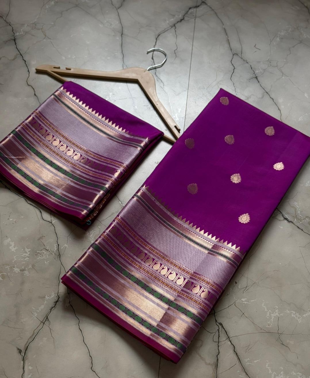 Royal Purple Kattan Silk Saree with Zari Butta & Temple Border