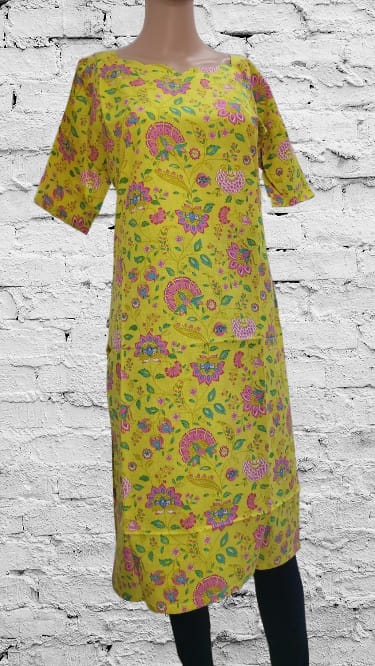 Sunshine Yellow Straight-Cut Kurti with Abstract Rainbow Print