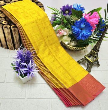 Vibrant Yellow Arani Pattu Saree with Pink Borders