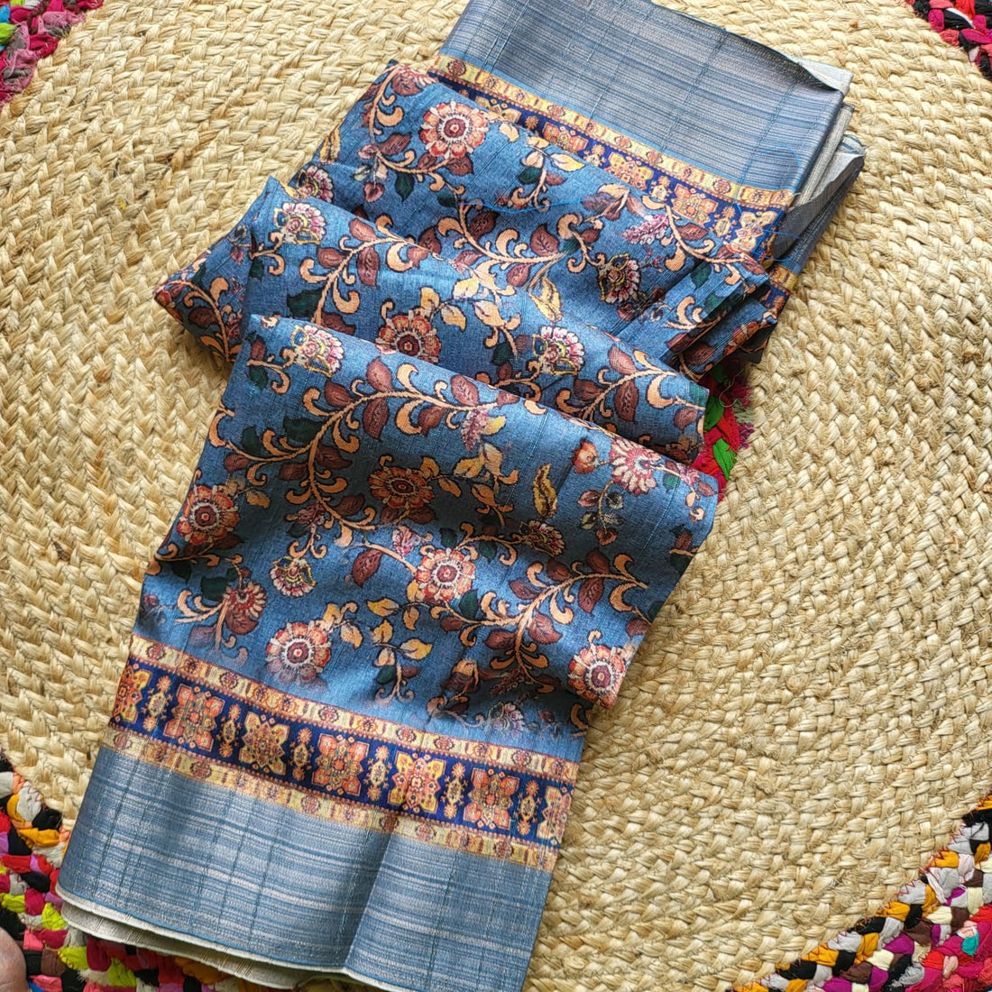 Graceful Blue Floral Printed Semi-Tussar Saree