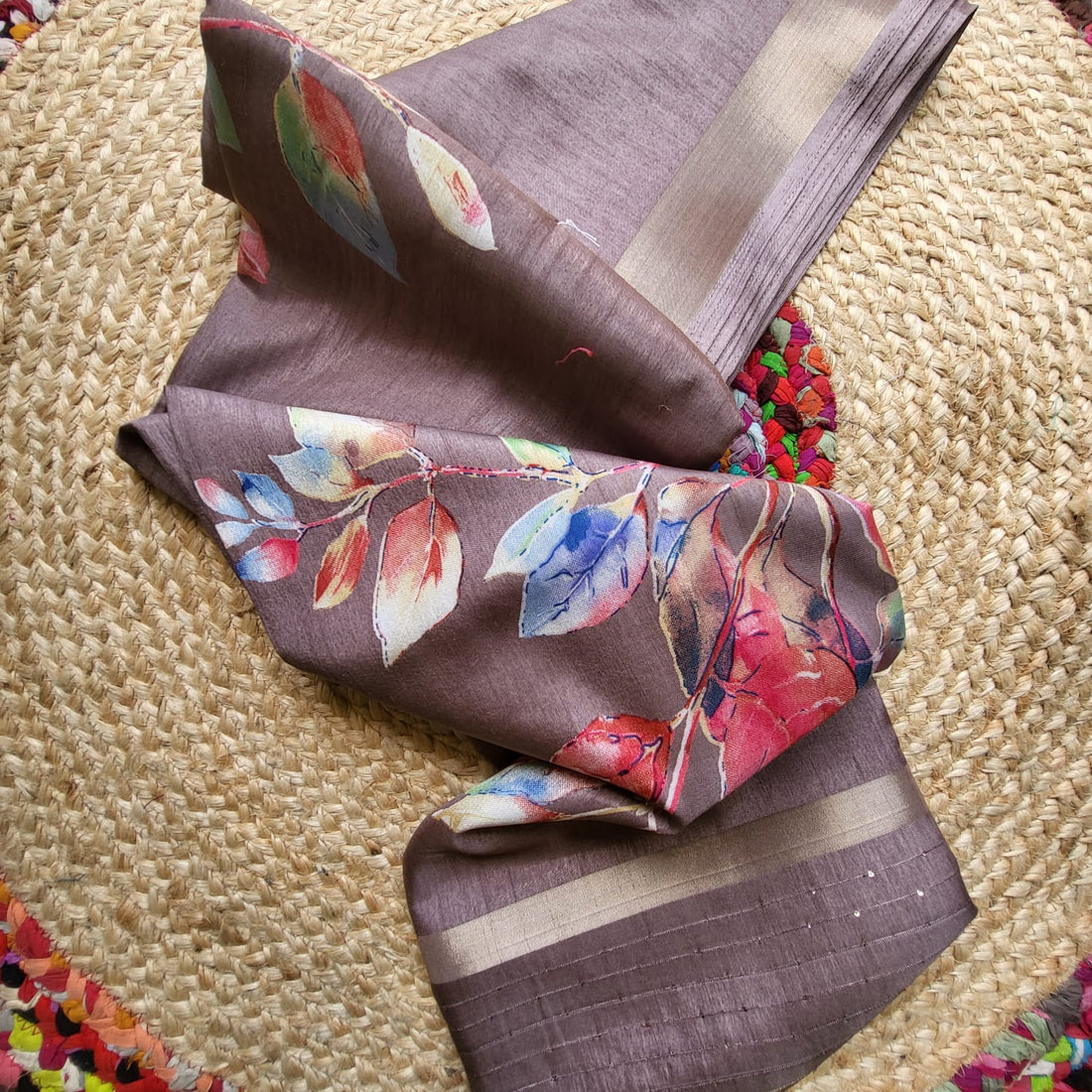 Exquisite Brown Dola Silk Saree with Floral Motifs
