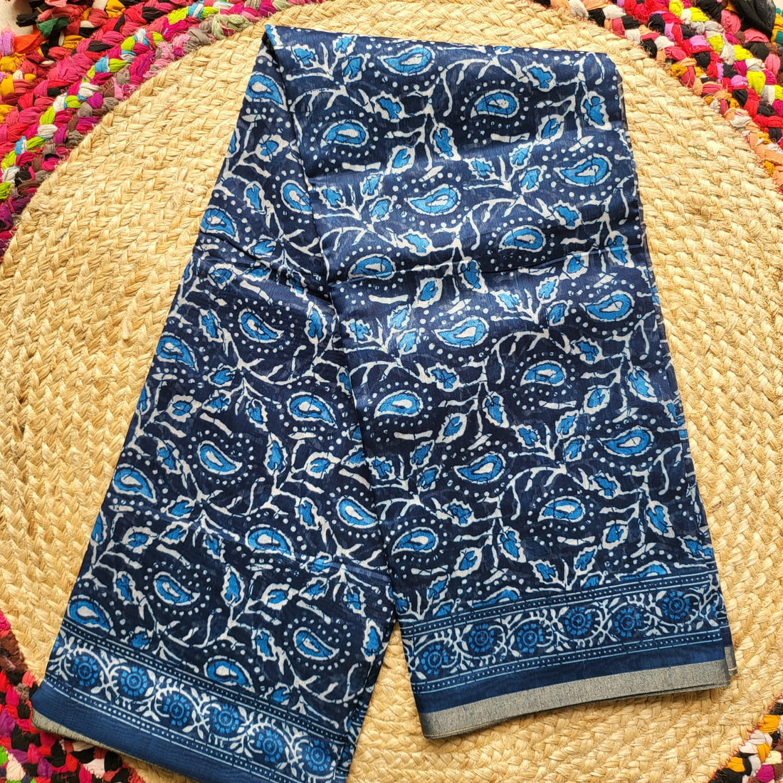 Navy Blue Floral Print Chanderi Cotton Saree