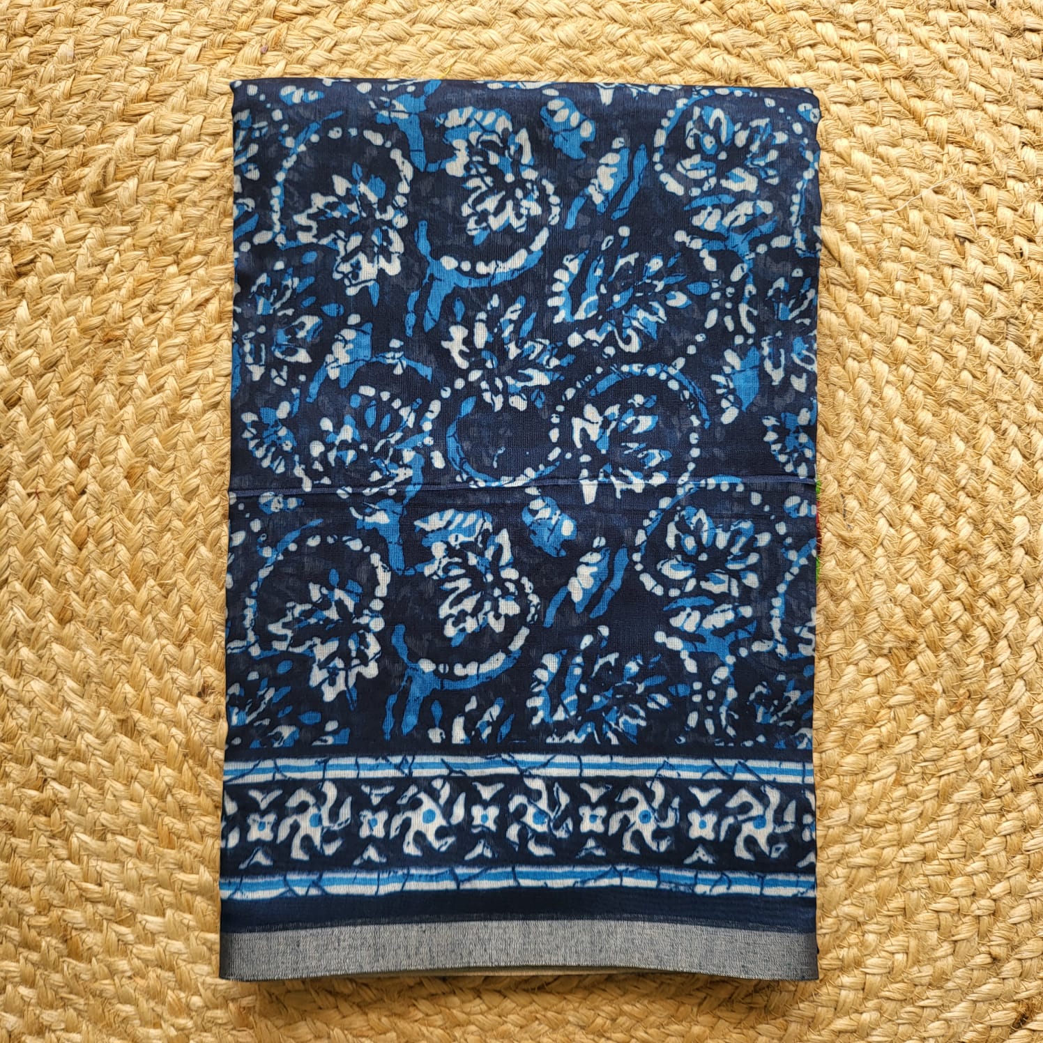 Navy Blue Floral Print Chanderi Cotton Saree