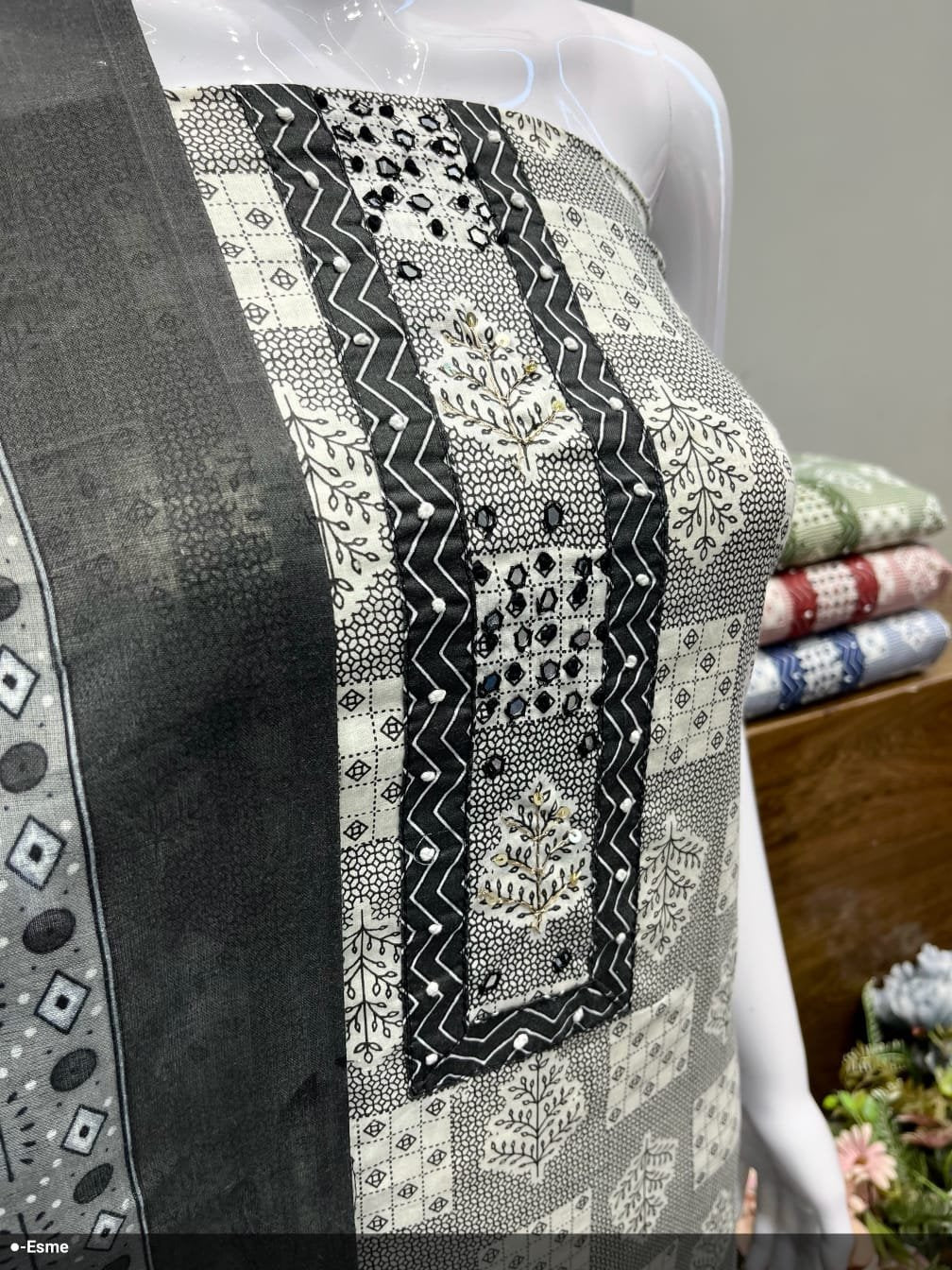 Premium Green & White Unstitched Cotton Material