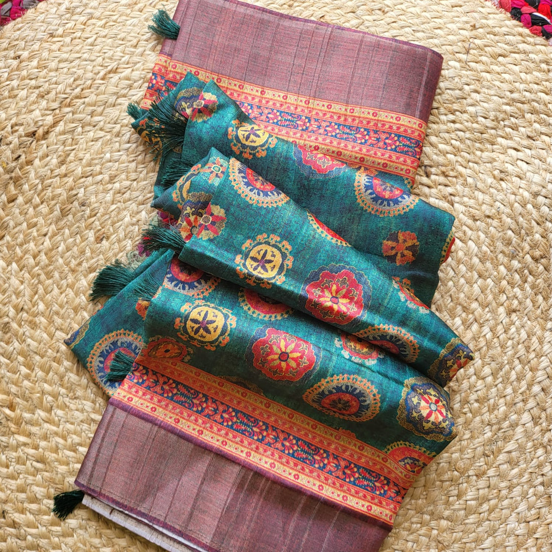 Vibrant Green Semi Tussar Saree with Floral Embroidery