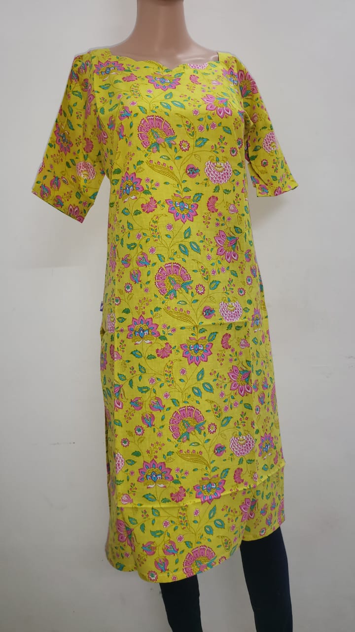 Sunshine Yellow Straight-Cut Kurti with Abstract Rainbow Print