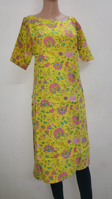 Sunshine Yellow Straight-Cut Kurti with Abstract Rainbow Print