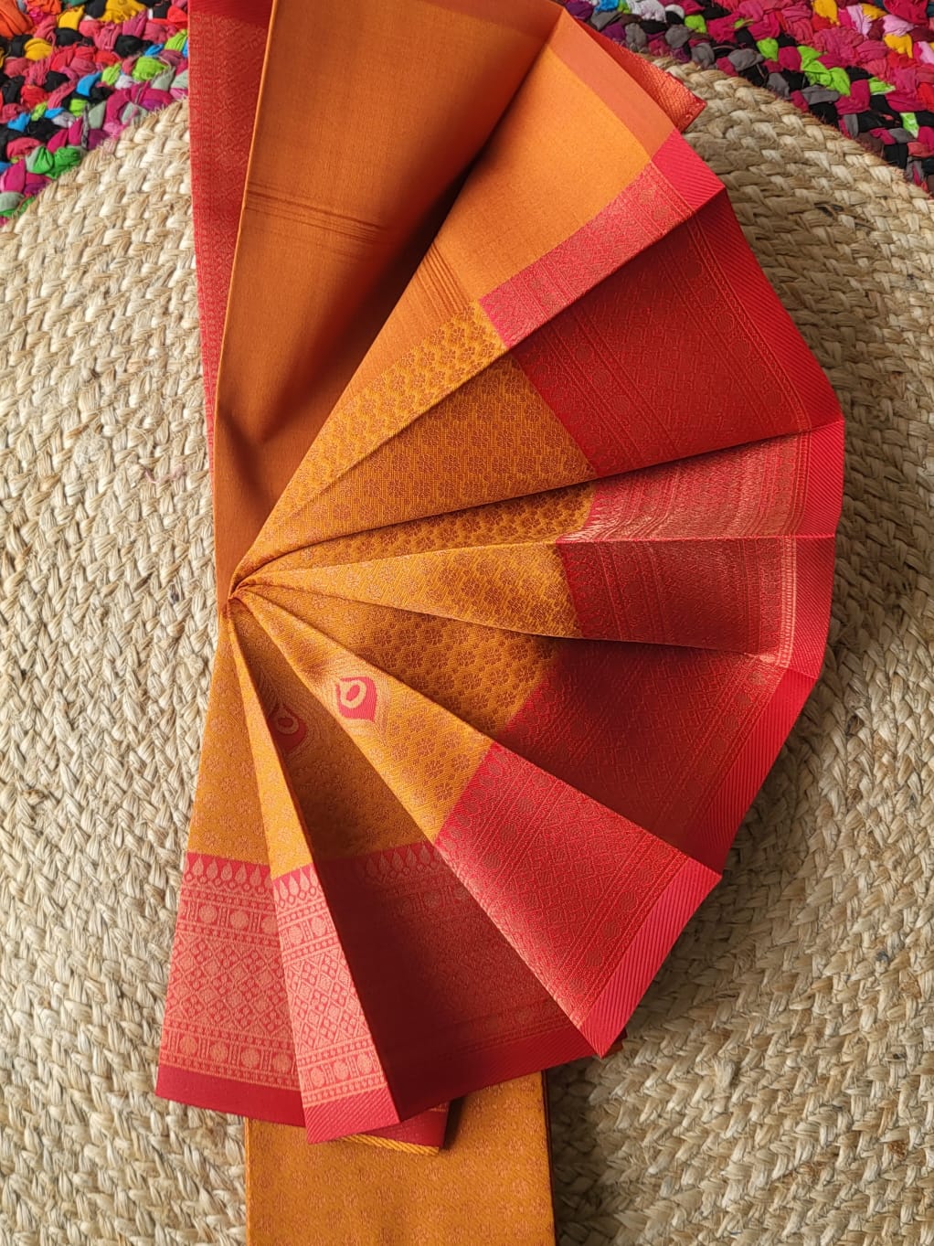 Radiant Ember – Gubera Pattu Saree in Fiery Orange and Crimson.